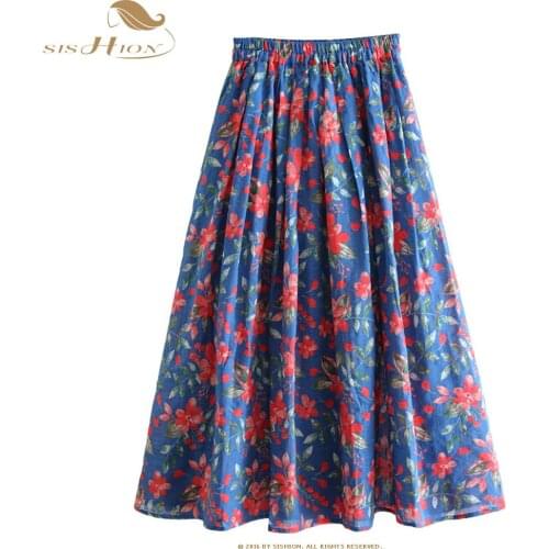 SISHION Cotton linen skirt high waist elastic waist midi skirt female 2020 new floral flower print summer skirt women SP1024