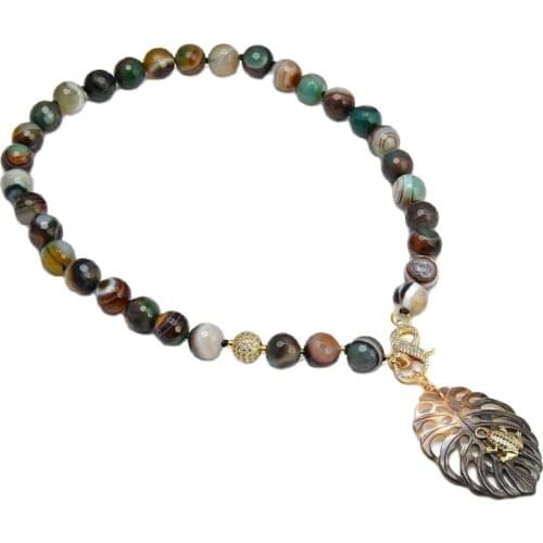 GuaiGuai Jewelry Brown Green Faceted Agate Necklace Black Shell Carved Leaf Pendant Cz Pave Insect Handmade For Women