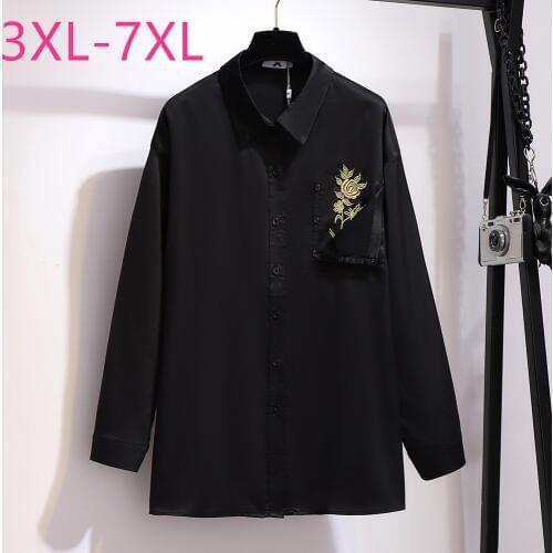 2021 spring autumn plus size tops for women large blouse long sleeve loose casual pocket lapel shirt black 3XL 4XL 5XL 6XL 7XL