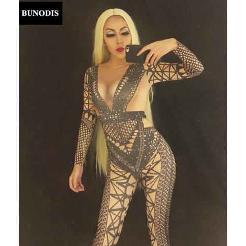 ZD112 Women Black Sexy Jumpsuit Nightclub Party Singer Dancer Costume Sparkling Crystals Bodysuit Bling Women Birthday Clothing