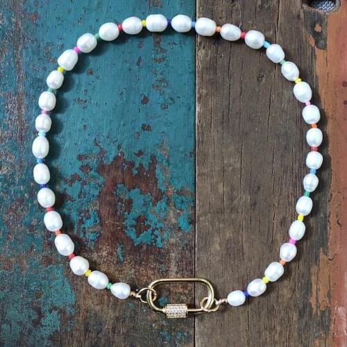 Summer fashion natural pearl beaded necklace with shiny openable screw buckle women trendy clothing accessories bohemian jewelry