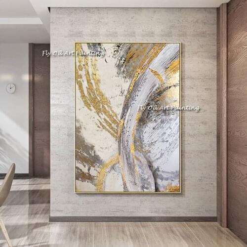 100% Hand-painted Thick Textured Abstract Grey Color and Gold Foil Oil Painting on Canvas the office living room Decorate