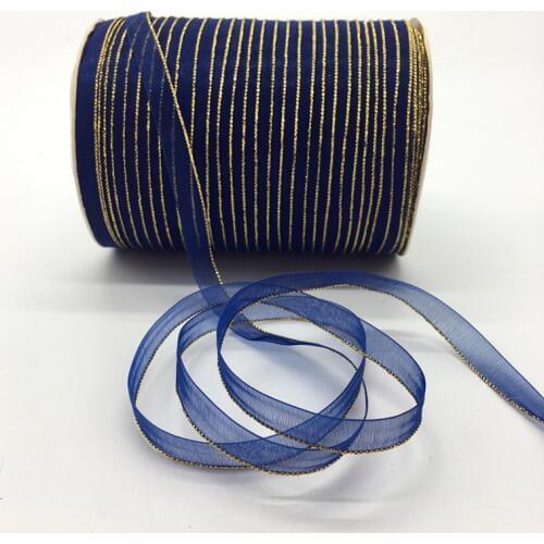 10yds/lot 3/8" 10mm Navy blue Glitter Golden Rimmed Organza Ribbon Bow Hair Wedding Decoration Lace Crafts