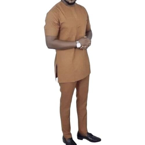 2021 African Fashion Solid Ginger Mens Groom Suit Royal Tops+Trousers Custom Made Male Short Sleeve Dashiki Shirt And Pant Sets