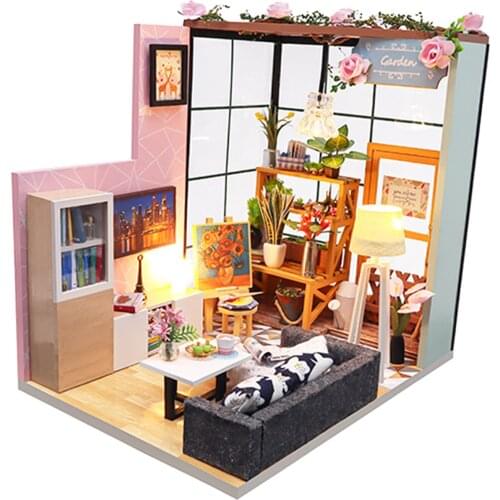 Wooden Miniature Dollhouse with LED Light Dustproof Cover Holiday Gift
