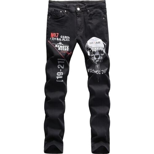 Mens Fashion Dog Printed Jeans Hip Hop Stretch Slim fit Black Jeans 2020 New Streetwear Straight Denim Pants Trousers for Male