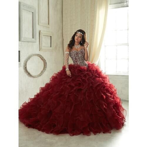 Burgundy Elegant Quinceanera Dresses 2019 Lace up Crystal Beading Organza Sweet 15 16 Ball Hown