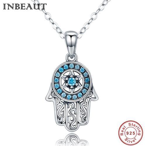 INBEAUT 100% Real 925 Sterling Silver Round Blue Zircon Vintage Compass Hand Pendant Necklace for Women Party Chain Jewelry