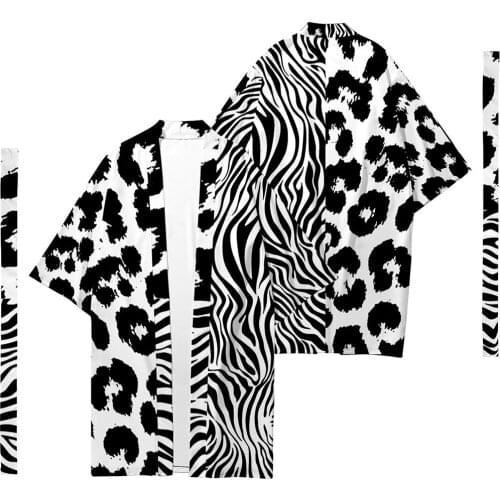 Leopard Splicing Printed Long Style Kimono Cardigan With Belt Japanese Couple Women Men Casual Asian Clothes Harajuku