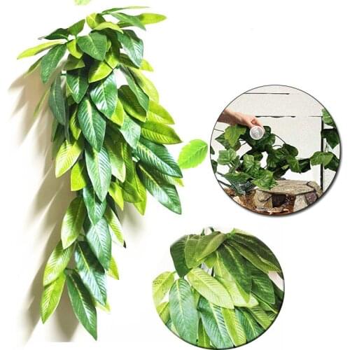 Hot Selling Simulation Green Hanging Leaves for Aquarium Fish Tank Reptile Feeder Box Decoration