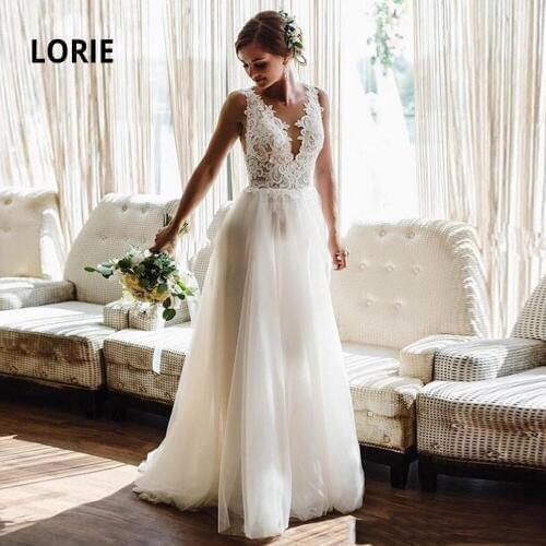 LORIE Elegant Lace Appliqued Princess Wedding Dresses Sexy V-neck Sleeveless Open Back Soft Tulle Bridal Gowns Plus Size