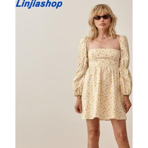 New Vintage Print Mini Dress Women Summer Autumn Square Collar Short Beach Female Long Lartern Sleeve A-line Dress Vestidos
