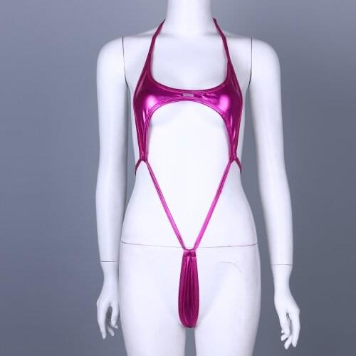 Fashion Women Sexy Lingerie Patent Leather Halter One-piece Teddies High Cut Bikini Thong Beach Swimsuit Strappy Sexy Bodysuit