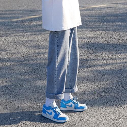 Mens Solid Color Jeans Korean Casual Fashion Loose Straight-leg Pants Wide-leg Pants Men Harajuku Streetwear Ankle-length Pants