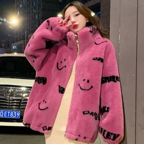 New Winter Women Real Fur Coat Smiley Print Plush Jacket Fashion Korean Soft Thick Warm Womens Outerwear Streetwear Y798