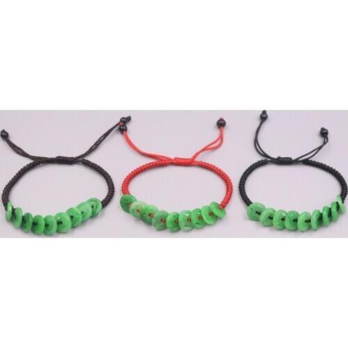 New Arrival Natural Jadeite Green Hollow Coin 8mmW with Red / Black / Brown Cord Bracelet 6.3inch Women Best Gift