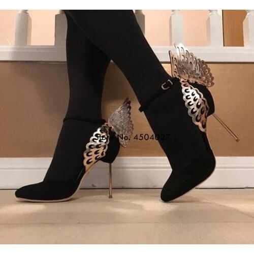 Sexy Women Butterfly Sandals Pointed Toe High Heels Buckle Strap Stilettos Angel Wings Sandals Metal Heel Shoes Women