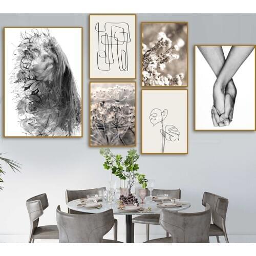 Nordic Posters And Prints Girl Reed Dandelion Leaf Black White Line Wall Art Canvas Painting Wall Pictures For Living Room Decor