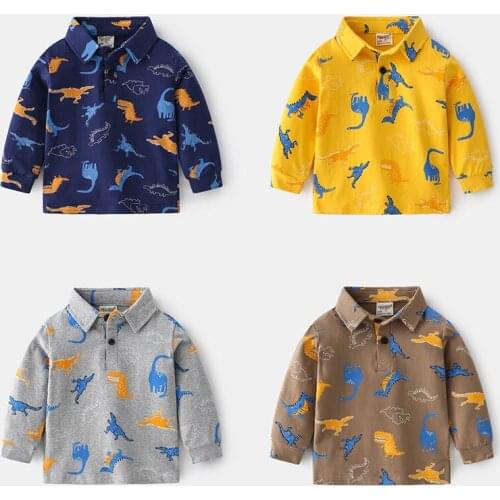 Boys Dinosaur Long-sleeved Shirt 2021 Spring Childrens Long-sleeved POLO Shirt Cartoon Soft Comfortable Lapel T-shirt