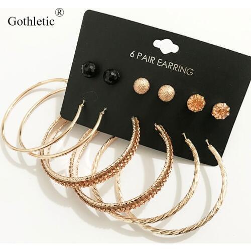 Gothletic Hoop Earring Set Rhinestone Crystal Pearl Textured Metal Round Circle Earrings for Women Brincos Fashion Jewelry