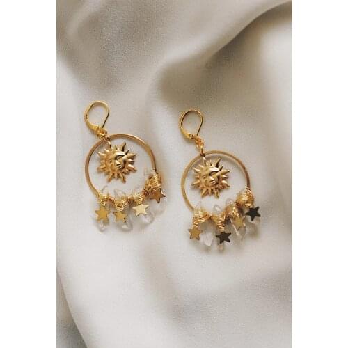 Handmade Celestial Crystal Sun Hoops Earrings Clear Quartz Star Earrings