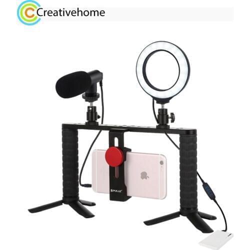 PULUZ 4 in 1 Vlogging Live Broadcast 4.7”12cm Ring LED Selfie Light Smartphone Video Rig Handle Stabilizer Aluminum Bracket Kits