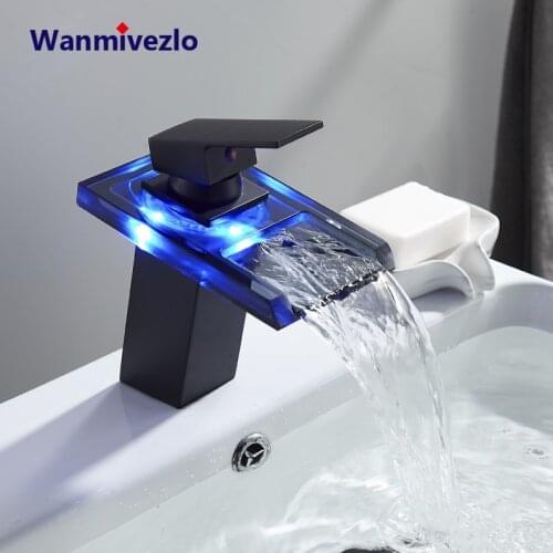 LED Bathroom Basin Faucet Copper Waterfall Water Temperature Control Discoloration Table Washbasin Bathroom Sink Mixer Tap Crane