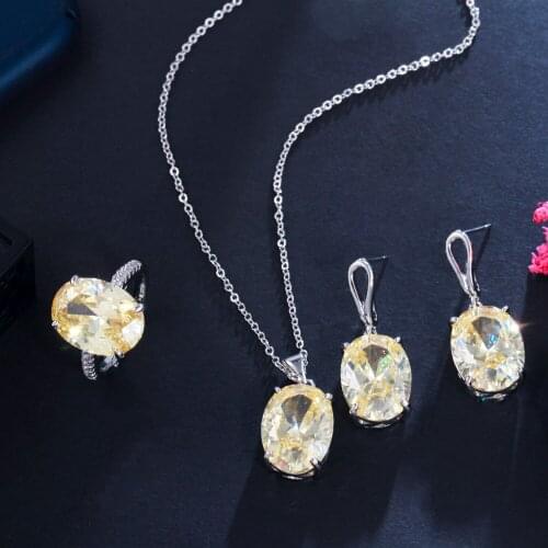 ThreeGraces Korean Fashion Yellow Oval Shape Cubic Zirconia Earrings Ring and Pendant Necklace Party Jewelry Set for Women JS535
