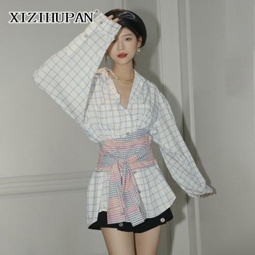 XIZIHUPAN Casual T Shirt For Women Lapel Long Sleeve Hit Color Patchwork Bowknot T Shirts Female 2021 Fashion Korean Style New