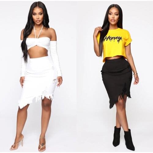 Asymmetric hole denim midi skirt, with fringed streetwear, high-waist washed distressed fashion womens tight-fitting skirt