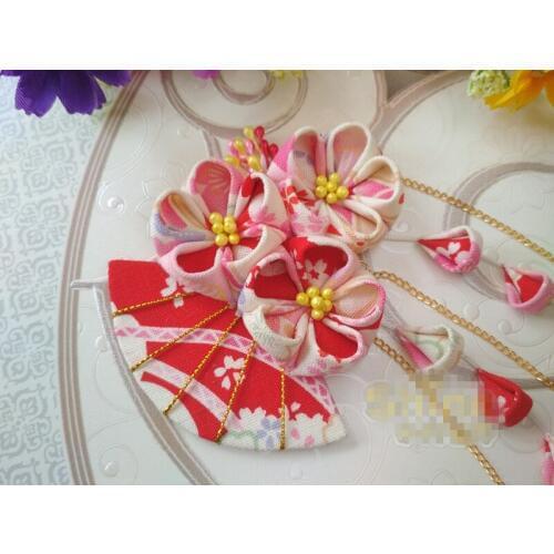 Hand Made Hairpin Cotton Cloth Hair Clip Cherry Barrettes Japanese Style Anime Cosplay Accessories Ancient Kimono Bathrobe Fan
