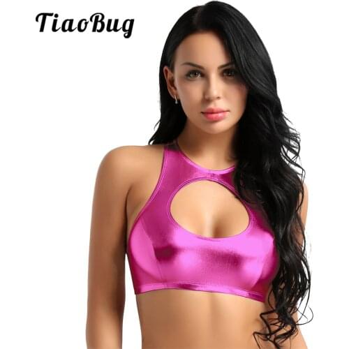 Women Shiny Pole Dance Top Wetlook Sexy Candy Color Crop Tops Halter Clubwear Camisole Exotic Tank Camis
