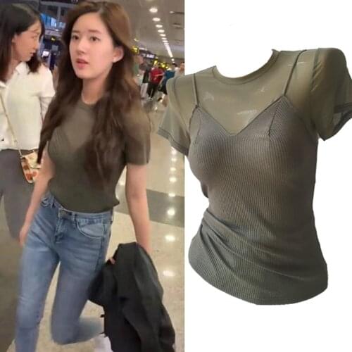 Sexy Transparent Short Sleeve Female Tops for Spring Summer Tees 2021 Designer Luxury Female Clothing Harajuku T-shirt