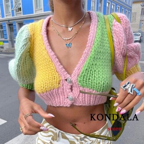 Women Streetwear Sexy Colorful Cardigans Za 2021 V Neck Diamond Patchwork Knitted Sweaters Short Sleeve Knitwear Y2K Girls Tops