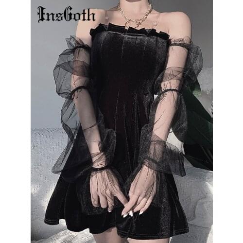 InsGoth Velvet Gothic Dress Aesthetic Women Sexy Off Shoulder Vintage Mini Black Dress Mesh Puff Long Sleeve Female Party Dress