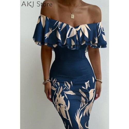 Women Sexy Floral Print Ruffle Trim Off Shoulder Bodycon Dress