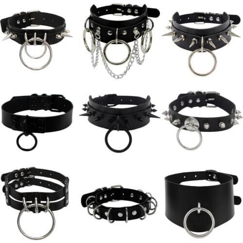 Hip Hop Gothic Spike Rivet PU Leather Necklaces Chains Heart Round Collar Choker Necklace Body Jewelry Party Gift 2020