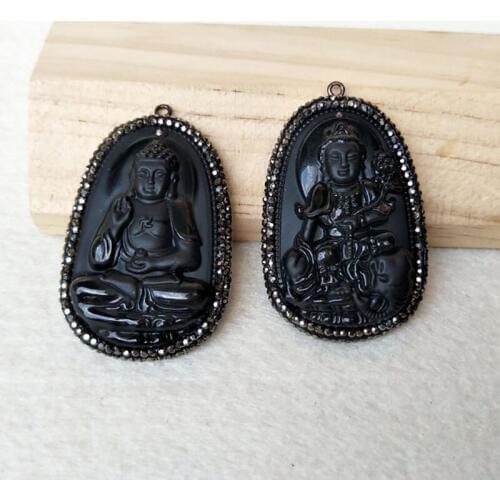 5 Pieces Carved Buddha Obsidian Stone Buddhist Pendant With Zircon Rhinestone Pave Guanyin charm Jewelry For DIY Necklace PD859