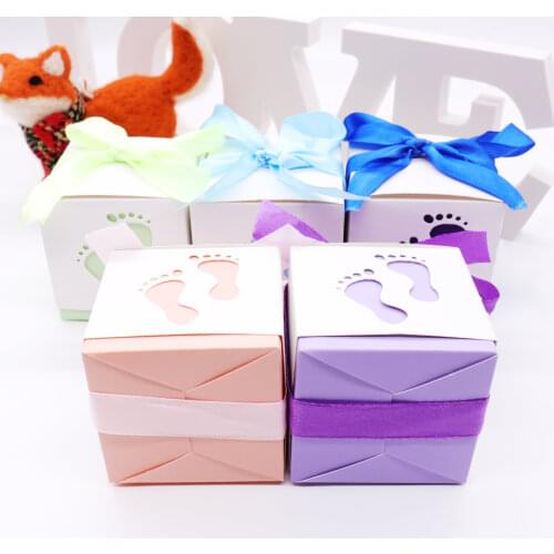 50pcs Cute Baby Footprint Candy Box with Satin Ribbon Baby Shower Party Gift Paper Box Boy/girl Wedding Birthday Favor Supplies