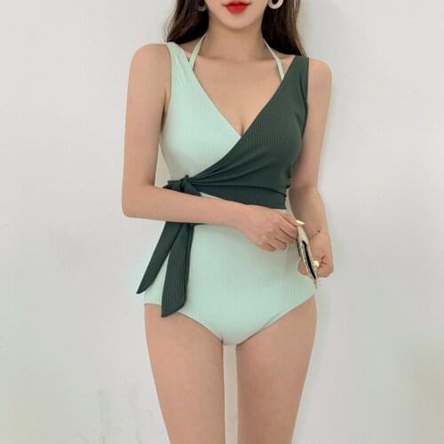 Patchwork Swimsuit One Piece V-neck Swimwear Women Green and White Beach Wear 2021 New Sexy Bodysuit U-back Bath Suits Summer