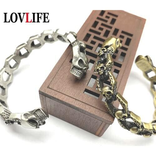 Double Skull Bangle Brass Men Jewelry Vintage Locomotive Male Open Cuff Bracelets Bangles Punk Rock Skeleton Wristband Bangles