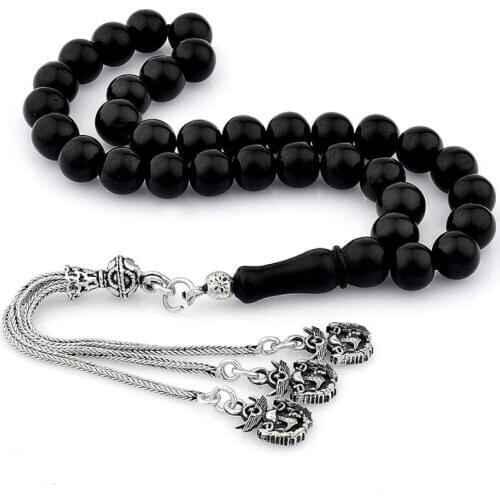 Natural Jet Stone Prayer Bead With Silver Tassel Men Rosary Islamic Tasbih With Turkish Tassel 925 Sterling Silver