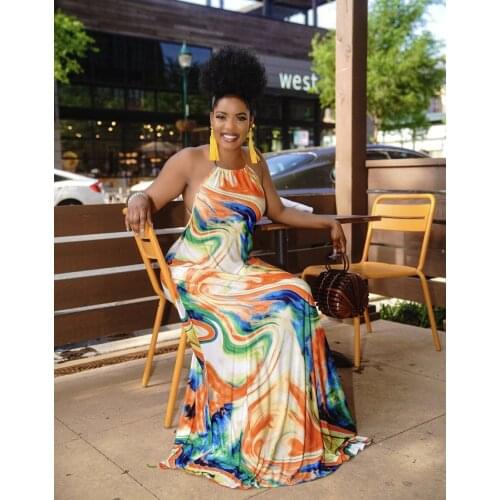 Echoine Colorful Tie Dye Print Halter Backless Long Maxi Dress Summer Sleeveless Beach Robe Party Elegant Vintage Vestidos