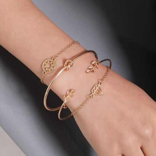 Double Open Leaf & Knot Golden Bangles Diamant & Hollow Hoop Bracelets 4 pieces/set for Women
