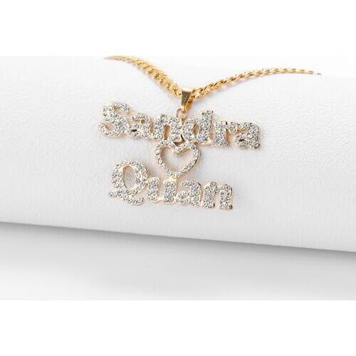 Personalized Custom Iced Out Double Name Necklace Love Heart Choker chain Necklaces Handwriting Nameplate Couple Jewelry gift