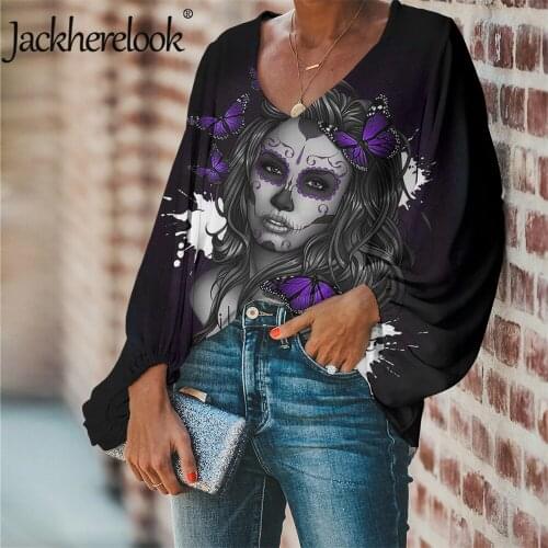 Jackherelook Black Skull Print Loose Chiffon Blouses for Teen Girls Butterfly Gothic Brand Design Women Shirts Casual Tops Mujer