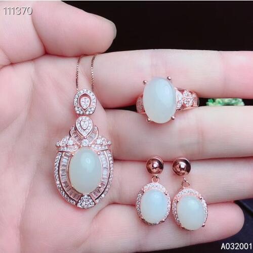 KJJEAXCMY fine jewelry natural white jade 925 sterling silver new women pendant necklace ring earrings set support test popular