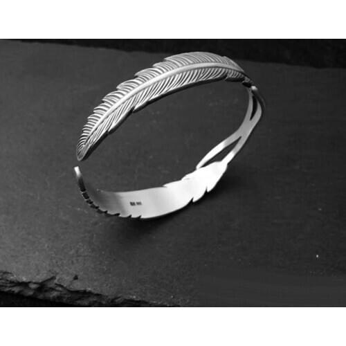 999 Sterling Silver Color Adjustable Feather Shape Open Cuff Bangle Bracelet for Men Women Puck Classic Rock Style Party Jewelry