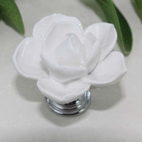 Creative fashion lotus Ceramic modern Furniture White Rose Knob Drawer Cabinet Knob Silver chrome Dresser Cupboard door Pull