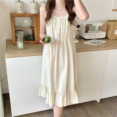 Floral Print Summer Nightgown Women Korean Spaghetti Strap Sleepwear Knee-Length Kawaii Soft Cotton Bow Loose Home Clothes